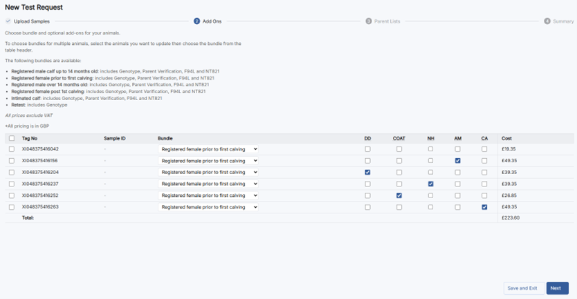 Add Ons screen showing bundles and costs