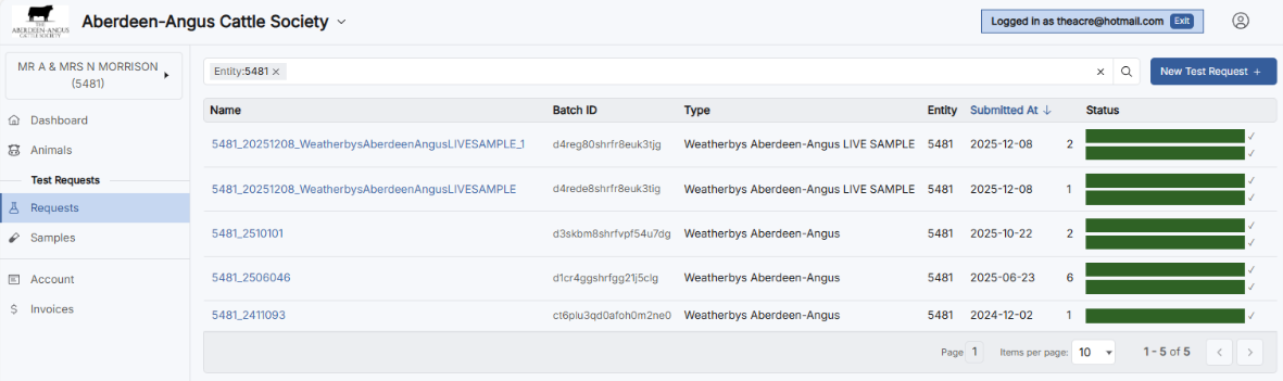 Requests list showing New Test Request button