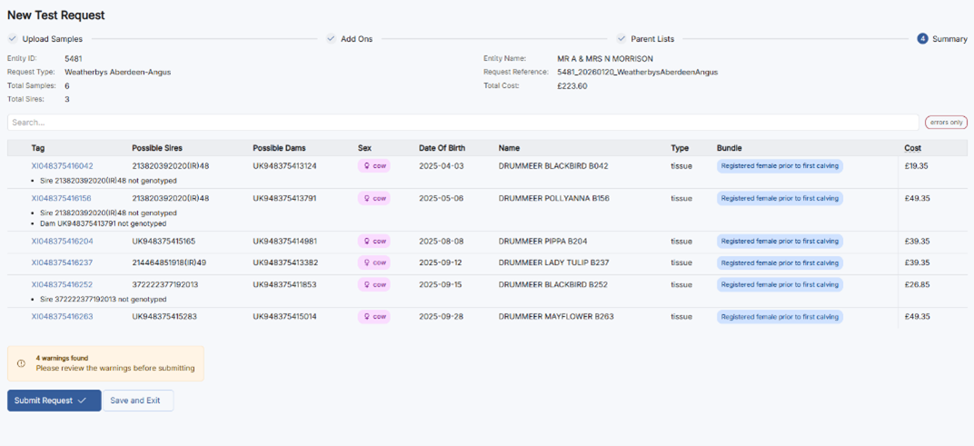Summary screen with Submit Request button
