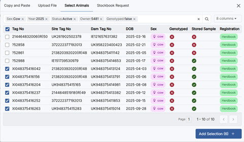 Select Animals with selections ticked and Add Selection button