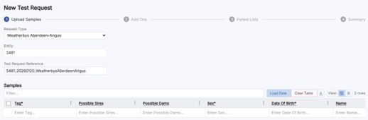New Test Request form with Request Type and Entity fields